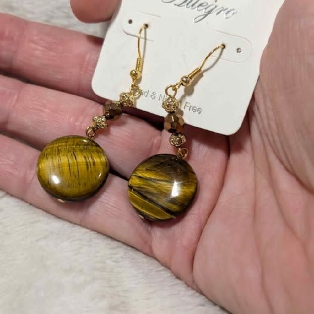Tiger's Eye Style Brown Flat Coin Drop Earrings Gold Tone Beaded